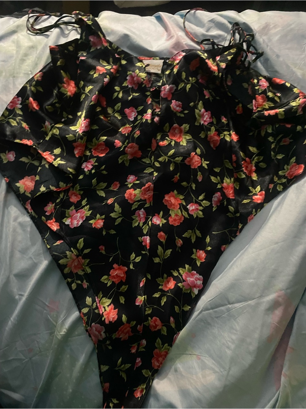 Satin Floral Cami Bodysuit in Black with Pink Floral Print
